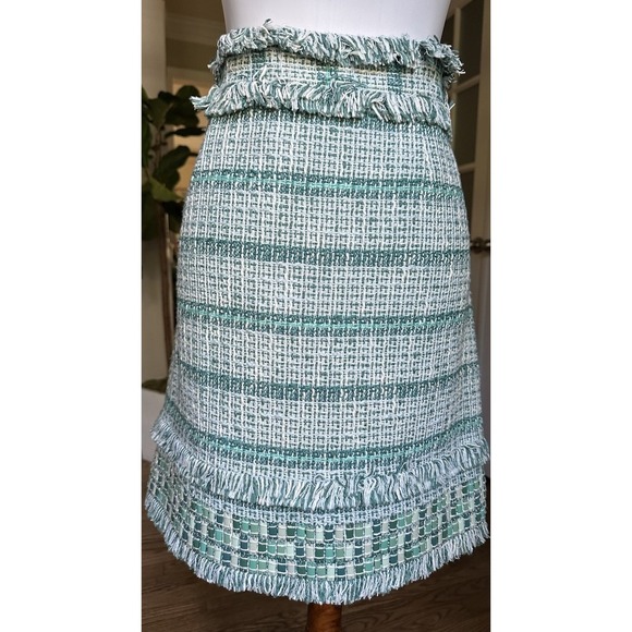 Tory Burch Nora Skirt Size 8 Green White Tweed Fringe Trim Designer Women's - Picture 6 of 12